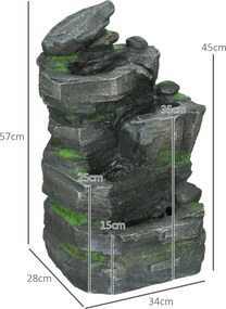 kaskada ogrodowa Outsunny oczko wodne solarne z LED 57cm, Szary/Ciemnobrązowy, 4-stopniowe, żywica syntetyczna | Aosom PL