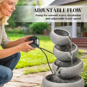 Outsunny Fontanna ogrodowa z żywicy, 4-stopniowy wodospad z LED, pompa, design w stylu kamienia, 35 x 32 x 50 cm | Aosom PL