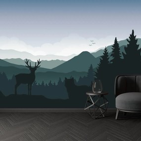 Fototapeta - Jeleń z wilkiem w skałach (196x136 cm)