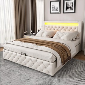 Łóżko ze schowkiem 160 x 200 cm - biały PU - z oświetleniem LED - stelaż z listew - bez materaca