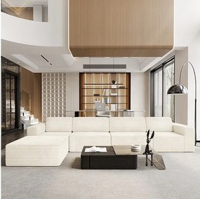 Duża Modułowa Sofa 4-osobowa w Welurze Żebrowanym, z pufą i 4 poduszkami, 404x202x82cm, Beżowy