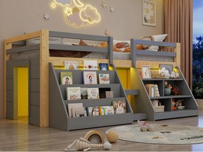 Łóżko dziecięce 90x200 cm - z oświetleniem LED - z półką do przechowywania - z barierkami + drabiną - Szary​ (materac nie jest wliczony w cenę)