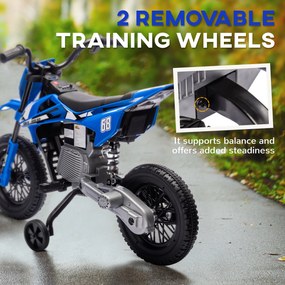 AIYAPLAY Elektryczny motocykl dla dzieci, manualna kontrola gazu, koła treningowe, muzyka, Niebieski, 107 x 56 x 70 cm