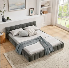 Łóżko podwójne 160 x 200 cm - Łóżko dla dorosłych z miękkim zagłówkiem i żelazną ramą - ciemnoszara tkanina szenilowa - materac nie jest wliczony w cenę