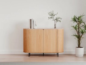 Owalna komoda do salonu ryflowana Fabia 120 cm, dąb/trawertyn