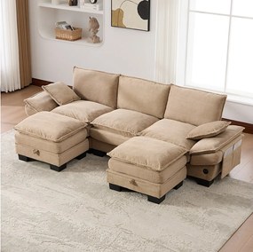 Zestaw wypoczynkowy z tkaniny sztruksowej 3-osobowy - 260 x 132 x 84 cm - z 2 pufami ze schowkiem + port USB + kieszenie - khaki