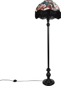 Lampa podłogowa czarna z abażurem w kwiaty i białym wnętrzem 45cm - Classico