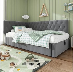 Sofa dziecięca tapicerowana z funkcją spania - 90 x 190 cm - z hydraulicznym schowkiem - welur - szara