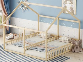 Łóżko piętrowe z drewna sosnowego 2x90x200cm - z dachem i stelażem na listwy - Naturalne