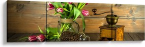 Obraz - tulipany, młynek i kawa (170x50 cm)
