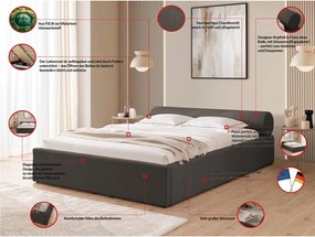 Ciemnoszare tapicerowane łóżko dwuosobowe ze schowkiem i stelażem 180x200 cm Cille – Ropez