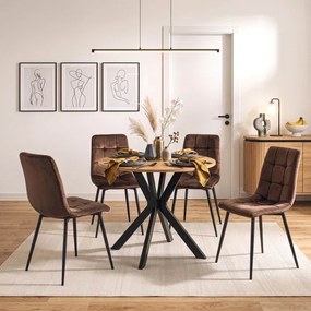 Zestaw Stół Okrągły LAUREN 90 cm Dąb Złoty/Czarny i 4 Krzesła PERU Brązowe