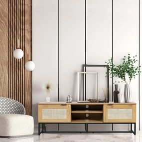 Loftowa szafka RTV w kolorze drewna Capri z naturalnym rattanem