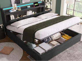 Tapicerowane łóżko z pojemnikiem 140x190cm - z LED i portami ładowania - tkanina lniana - z stelażem lamelowym - Szary​ (bez materaca)