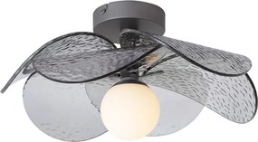 Designerska lampa sufitowa srebrna z przydymionym, żebrowanym szkłem - Kemner