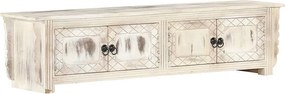 Rustykalna biała szafka RTV 140x30x35 cm z litego drewna mango z 4 drzwiami i miejscem do przechowywania