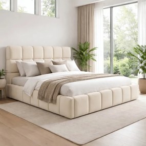 Łóżko Tapicerowane 160x200 cm MURCJA ze Stelażem i Pojemnikiem Dwuosobowe Welurowe Kremowe