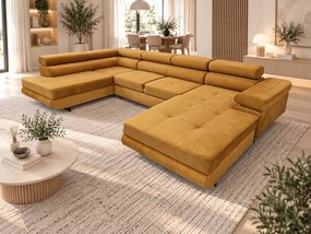 Duża sofa narożna z regulowanymi zagłówkami i pojemnikiem na pościel, złoty/musztardowy, Aspen U, lewy