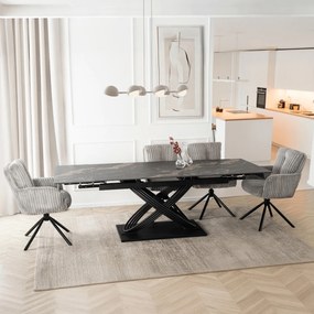 Zestaw Stół Rozkładany IBIZA 160-240 cm Czarny Marmur i 4 Krzesła Tapicerowane JUNE Szare Sztruksowe
