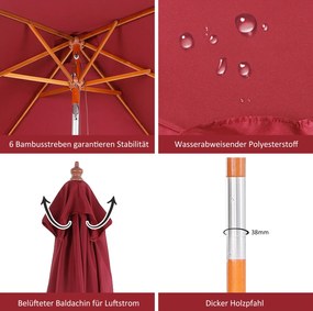Outsunny Parasol Ogrodowy Zginany Czerwone Wino Drewno Poliester 3Stopniowa Regulacja 200x150x230cm | Aosom PL