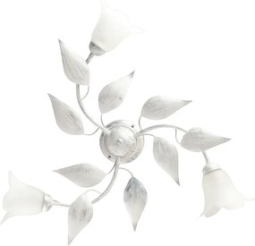 Olga lampa sufitowa białe żelazo, srebrne zdobienia, 3 klosze alabastrowe, Ø67 H20