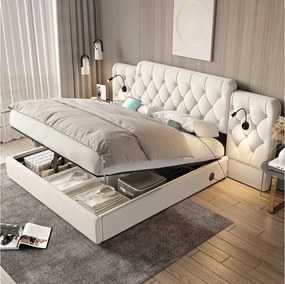 Łóżko tapicerowane ze schowkiem - 160 x 200 cm - z długim wezgłowiem + porty USB + lampka biurkowa - aksamit - beż