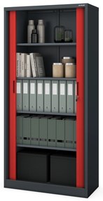 Metalowa szafa biurowa na akta z roletą DAMIAN, 900 x 1850 x 450 mm, antracytowo-czerwona