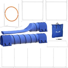 PawHut Zestaw Agility dla Psów, Tor Przeszkód dla Psów, 1 Obwód Skokowy, 2 Tunele, 2 Przeszkody, 321 cm x 63 cm x 93 cm, Niebieski + Czerwony + Biały