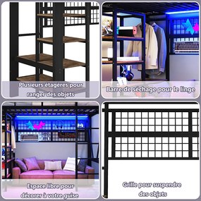 Łóżko piętrowe dla dzieci - 90 x 200 cm - rama żeliwna - z półką do przechowywania + drążek na ubrania + diody LED - metalowe - czarne