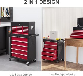 HOMCOM Wózek narzędziowy, dwuczęściowy, zamykany, z 14 szufladami, perforowaną ścianą, stal, Czerwony