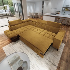 Masseno Narożnik MORIVA z funkcją spania i pojemnikiem na pościel Narozniki L, Rozkładana sofa - Żółty, MONOLITH 48