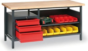 Warsztatowy stół roboczy GD, bukowa deska warstwowa, 3 szuflady, 1 półka, 1700 x 685 x 850 mm, grafitowy / czerwony