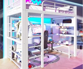 Łóżko na antresoli 140×200 cm - Konstrukcja metalowa - Oświetlenie LED - Drabina w zestawie - Biały​ (materac nie jest wliczony w cenę)