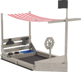 Outsunny Piaskownica Piracki Statek z Daszkiem i Zestawem Kuchennym dla Dzieci, Drewno, 180 x 103 x 144,5 cm, Szara