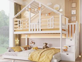 Łóżko piętrowe 90x200cm + 140x200cm - z drabiną z pojemnikami - półrama - biały + naturalny​ (materac nie jest wliczony w cenę)
