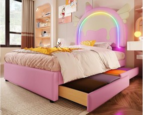 Łóżko tapicerowane z ekoskóry 90x200 cm - z LED i 2 szufladami - Różowe