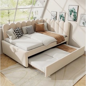 2 w 1 tapicerowana sofa rozkładana dla dzieci - 140 x 200 cm + 90 x 190 cm - w kształcie litery L - aksamit + sklejka + MDF - beżowy