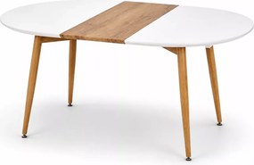 Nowoczesny owalny stół Tonga 120-200 cm z rozkładanym białym lakierowanym blatem MDF i nogami w kolorze dębu