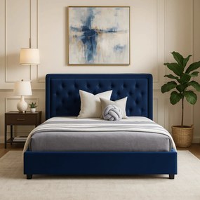 Łóżko Tapicerowane 160x200 cm ze Stelażem Dwuosobowe CROS Welurowe Granatowe