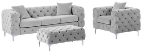 Kanapa 3-osobowa, fotel i puf chesterfield z jasnoszarego weluru - EDWINA