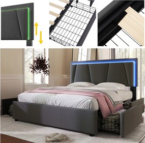 Łóżko tapicerowane dwuosobowe - 160 x 200 cm - z oświetleniem LED + 4 szuflady + regulowany zagłówek - drewno - kolor szary (z materacem)