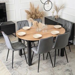 Zestaw Stół Okrągły Rozkładany HARRY 102-142 cm Dąb Craft/Czarny i 6 Krzeseł Tapicerowanych ROBIN Szarych Nowoczesnych