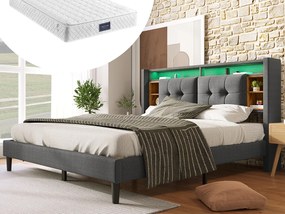 Łóżko tapicerowane 160 x 200 cm z wezgłowiem - USB i LED - Tkanina lniana - szare + Materac