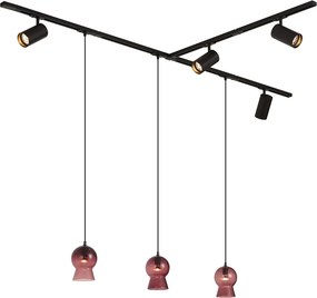 Nowoczesny czarny system szynowy z 4 reflektorami i 3 fioletowymi lampami wiszącymi 1-fazowy - Iconic Bell Jeana Luxe