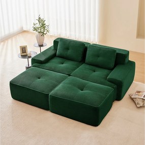 Modułowa Sofa Narożna w Welurze żebrowanym, z 2 pufami i 2 poduszkami, 204x177x69cm, Zielony