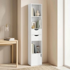 HOMCOM Regał na książki z 2 szufladami, wąska szafka z 3 otwartymi półkami, do biura, sypialni 30x24x158cm Biały | Aosom PL
