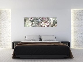 Obraz kwiatów na drewnianym kole (170x50 cm)