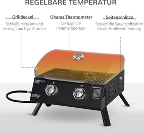 Outsunny mobilny grill gazowy BBQ z 2 palnikami stal węglowa kolor czarny 55 x 46,5 x 41 cm