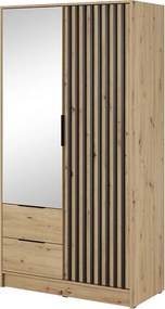 Szafa z lustrem Fioro - szafa otwierana 100 cm, 2 drzwi, szuflady - lamele, drążek, dąb Artisan