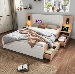Łóżeczka z szufladami i chevetami 180x200 cm, biały dąb, z lampami odczytu 360 ° i portów obciążenia USB, 255 × 207x80 cm